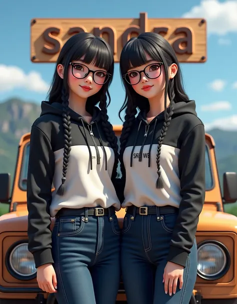 Hiperealistis.2 indonesian Women with waist-leng black hair with bangs .smiling. Their hair was cornrow hair style. She has fair skin and slim figure, long slender legs, and ideal proportions, brown eyes. Wearing a black white hoodie jacket with the name "...