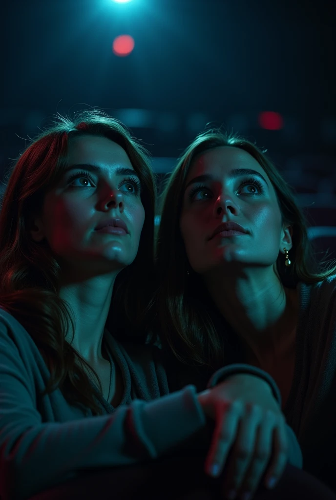 Two women watching a horror movie at the cinema and having their faces seen