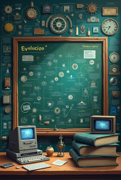 "Educational technology evolution, 19th century to 21st century, historical timeline, vintage chalkboard, early computers, modern digital tools, AI learning, futuristic classroom, from traditional education to digital era, past to present, educational tran...