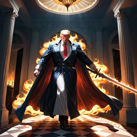 a muscular, vital Donald Trump in white billowing robes carrying a flaming sword, driving out the ghoulish vampire Democrat party from the shadow infested White House, highly detailed, cinematic lighting, dramatic, epic, dark fantasy, moody colors, chiaros...