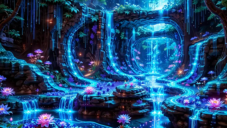 A Masterpiece In 32K Resolution, Supreme Quality, Super Detail, Official Art, Very High-Resolution 32K Wallpaper, Beautiful And Aesthetic, Ultra-Detailed Features, Awe-Inspiring Detail. A Fantasy Anime Garden With Bioluminescent Plants, Glowing Waterfalls,...