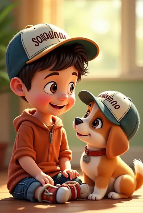 Pictures boy with 
Puppy in a cap with the word solovino 