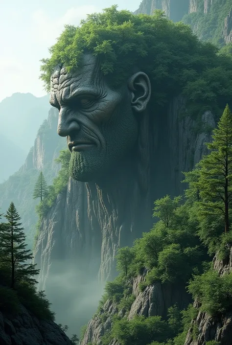  View of an ultra-realistic Titan-like mountain with no details of face and body ,  but the rocks give the shape similar to a crouching titan buried by time with its face down to the ground, covered in trees and undergrowth aerial view  