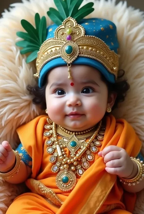 
"Create an image of a baby dressed as Lord Krishna, featuring traditional Indian attire. The baby should wear an ornate blue and gold crown adorned with intricate patterns, green feathers, and gemstones. The baby’s outfit should include bright orange clot...