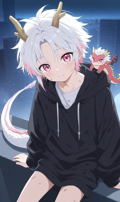 1boy,Pink Eyes,dragon horns on side of head,white hair,white ends of hair,muliticolored hair,looking at viewer,cute boy,white shirt,city,Anime, Anime Style,13year old boy, full body,sitting on ledge,dirty clothes,dragon tail,dragon scales on shoulder,overs...