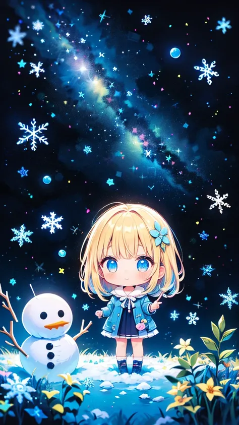 1girl,Chibi、cute、白色のcuteコート、 snowman、 Snowflakes 、 fantasy、 absurd、 neon lights enhance cuteness、世界一cute絵、