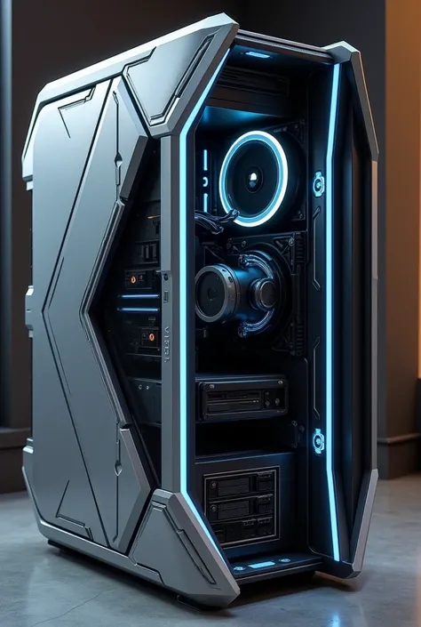 create a computer cabinet in the shape almost identical to that of the Milan spaceship from Guardians of the Galaxy 1, the cabinet must have a height ,  width and a maximum depth of 30cm. 