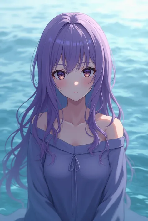 An anime woman with waist-length hair wearing purple clothes aesthetics that I have a reserved face and shyness eyes you will see blue water that is an adult female anime