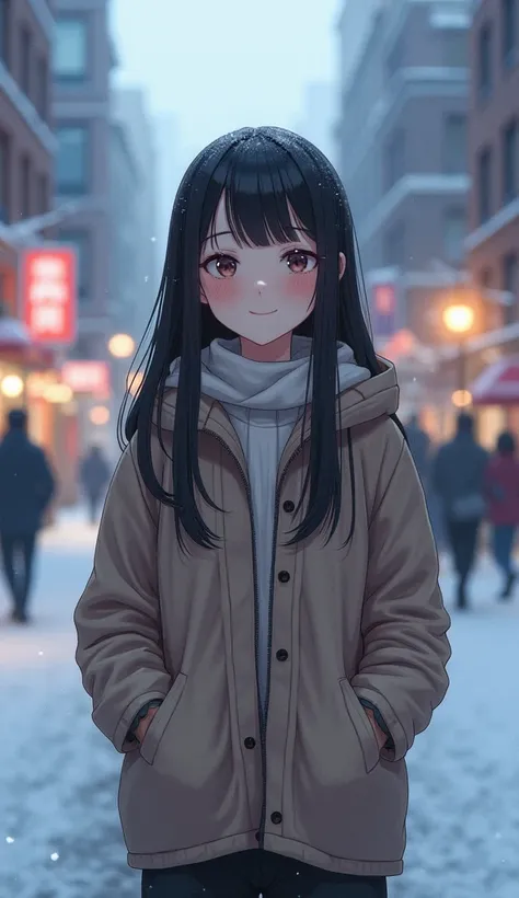 (),  1 girl , solo, looking at the audience, winter,  Cowboy Shot , ( downtown ),  Cowboy Shot , smile,  black hair