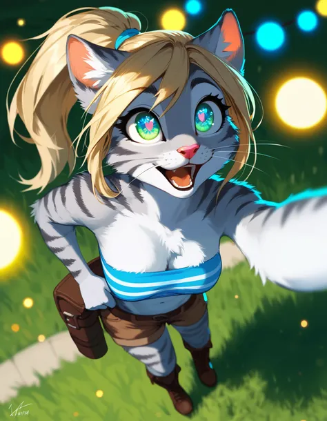 Solo, score_9,score_8_up,score_7_up, source_furry, kat, Anthro furry feline, big blue soarin sparkling eyes, blonde hair, (ponytail hair), pink nose, :3, white whiskers, silver fur with grey stripes, furry body, wearing blue bandeau, brown short shorts, br...