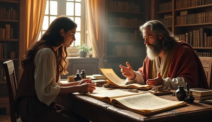 Paul Encouraging a Young Woman in a Study:
Apostle Paul, a bearded man in his early 60s, sits at a wooden desk filled with scrolls and ink bottles. He speaks earnestly to a young woman seated across from him, who looks anxious and discouraged. Paul holds a...