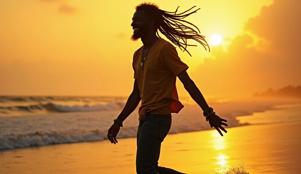 silhouette of a reggae maniac man on the beach with a Rastafara atmosphere