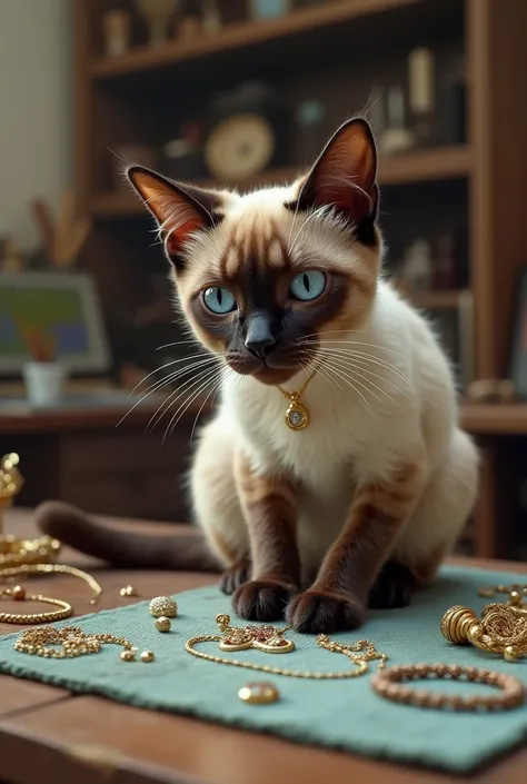 Siamese cat making jewelry