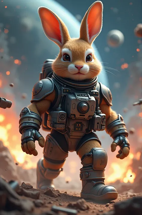 Tough looking rabbit in astronaut suit fighting a space war