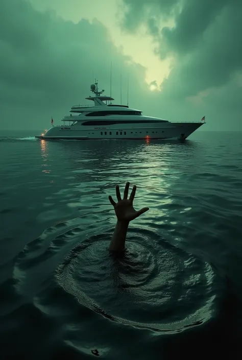 Hyper-realistic art, cinematic film, in the style of detailed photography of hyper-realism, fantasy, a yacht and a police boat and in the sea the arm of a drowning person calling for help, bold lines, highly detailed, image in black, green and white colors...