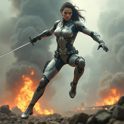  Warrior woman in a futuristic metallic suit , suspended in the air at 4 meters ,  attacking a 3-meter wick with her sword ,  while the background shows an intense battlefield