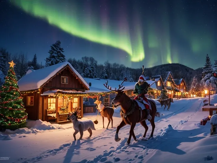 A snowy nighttime fantasy scene featuring three unique warriors standing atop a hill. Above them, the aurora borealis lights up the starry sky in vibrant greens and purples. In the distance, a cozy, snow-covered village is visible with a large, glowing Chr...