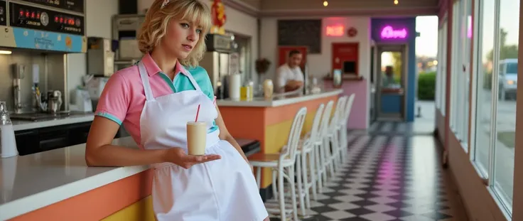 A waitress in a pastel uniform with a crisp white apron leans against the counter of a roadside diner. Her hair is styled in soft waves, held back with a bandana, and her feet are clad in white sneakers. She holds a tray of milkshakes in one hand, while th...