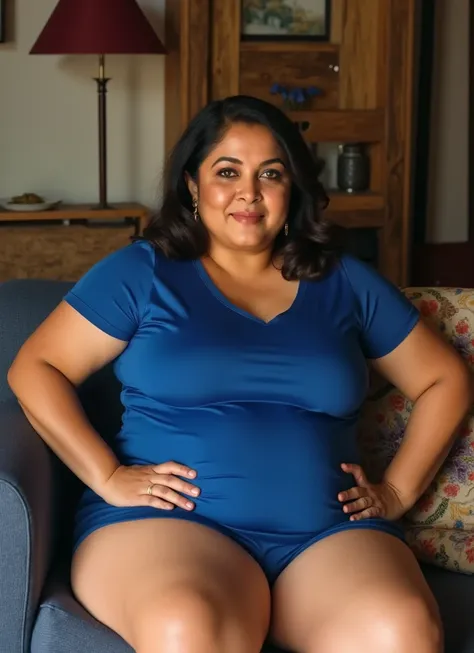 Kerala female is young curvy aged 28. wearing  blue  jersey and shorts in sofa of kerala home.realistic photo.