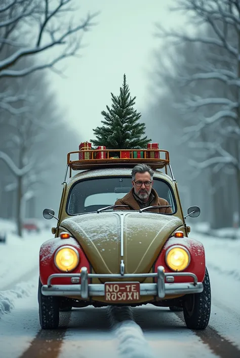 A middle-aged man with short black hair with few gray hair, short gray beard, medium-rise glasses, driving a vintage Volkswagen with a pine tree on its roof and Christmas presents on a snowy road with a Christmas atmosphere, realistic image. 