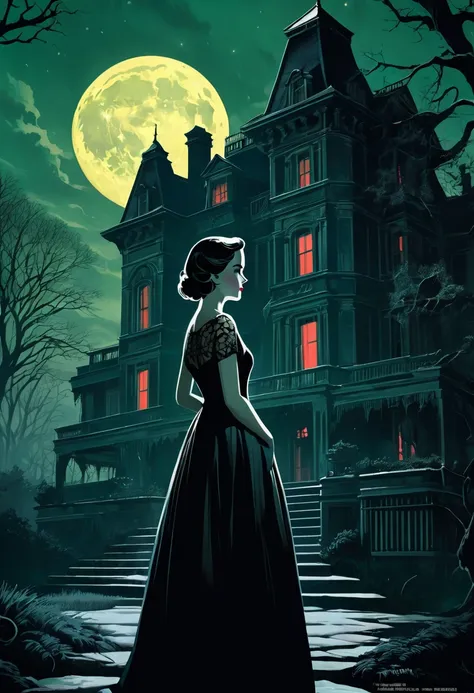 1950s vintage horror movie poster, set on a pitch-black, moonlit night. Featuring the elegant side profile of a sorrowful woman, modeled after Emma Watson, standing in front of a massive, cursed mansion. The woman wears a flowing, vintage 1920s lace gown, ...