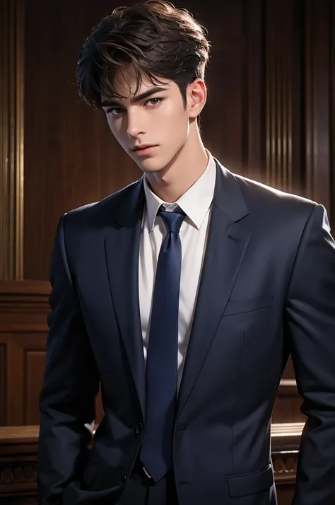 a handsome young man with short brown hair and curtain bangs, hazel eyes, fair skin, wearing a dark gray suit and navy blue tie, standing in a courtroom, (best quality,4k,8k,highres,masterpiece:1.2),ultra-detailed,(realistic,photorealistic,photo-realistic:...