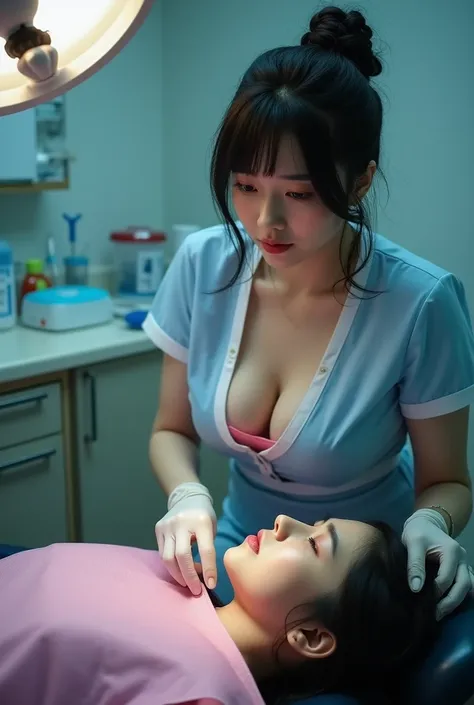 Sexy and beautiful Japanese dentist、Wearing pink latex gloves and a mask, Pink nurse uniform、Dental turbine and drill on dental examination table、A positive look、50 year old aunt、middle aged、Mature Woman、One Girl, Looking at the camera、Black Hair,Side Up, ...