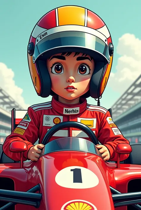 Make an image of Aryton Senna wearing a helmet and with his Formula 1 in the form of a simple cartoon anime cartoon 