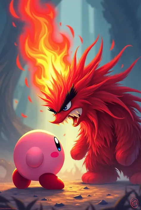 Kirby and Anger in front of each other, while Kirby is swallowing Anger,the character from inside Out movie; Kirby animation style