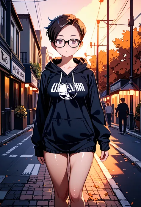 RAWphoto,photorealistic,8k16k,best quality,perfect anatomy,perfect detailed,ultra highres, extremely detailed eyes and face,gleaming skin,shiny skin,1girl,Japanese,black short hair,pixie cut, (wearing glasses:1.3),(parted bangs,forehead:1.2),round face,med...