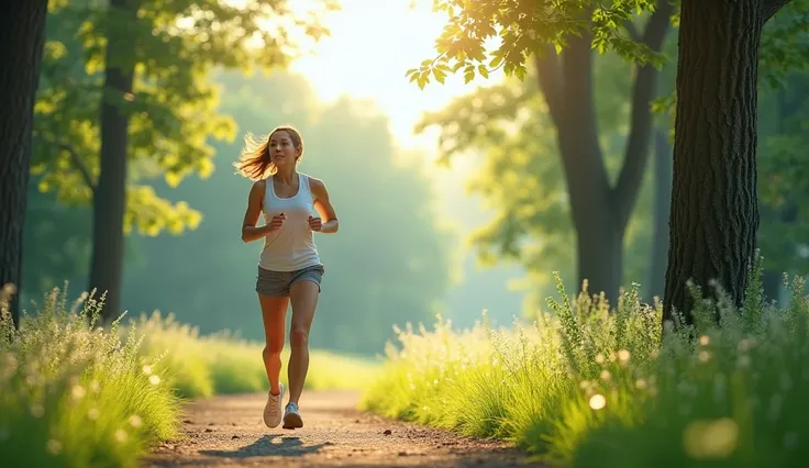 A woman jogging peacefully on a nature trail, surrounded by trees and bathed in morning sunlight. A light breeze rustles the leaves, creating a refreshing and invigorating atmosphere. Her pace is steady and light, with a calm, focused expression on her fac...