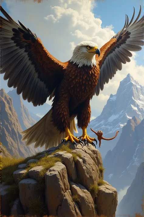 Create a painting of an eagle eating a worm 