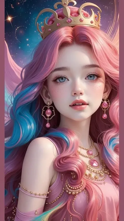 A stunning fantasy princess with long, flowing pastel pink and blue hair styled in voluminous curls, wearing an ornate golden crown with pink gemstones. She has large, sparkling blue eyes, soft delicate facial features, and a serene, dreamy expression. Her...