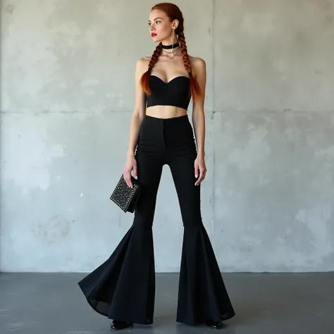 A woman wearing a black, fitted, high-waisted, flared pantsuit. The pants have a flowing, slightly gathered hem. She is wearing a matching crop top. Her long, auburn braided hair is combed down. She has a delicate black choker necklace on. In her hand she ...