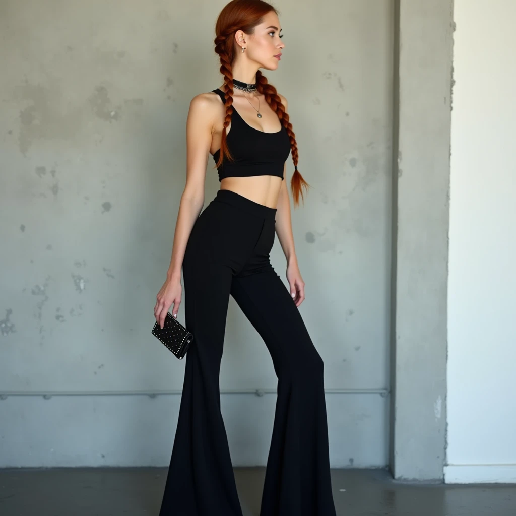 A woman wearing a black, fitted, high-waisted, flared pantsuit. The pants have a flowing, slightly gathered hem. She is wearing a matching crop top. Her long, auburn braided hair is combed down. She has a delicate black choker necklace on. In her hand she ...