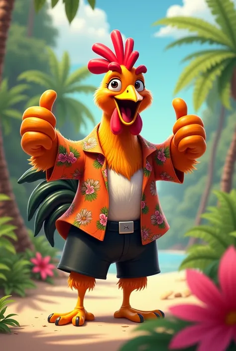  Chicken with black shorts, Hawaiian , giving thumbs up