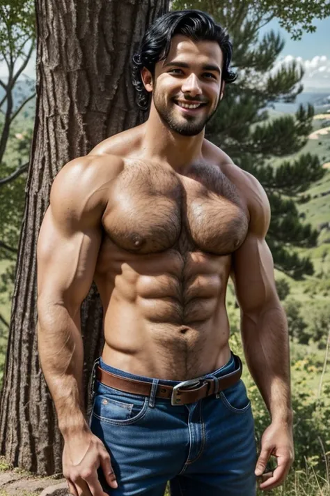 Beautiful young man, incredibly handsome young man, tall, strapping young lad, hard muscular body, very attractive, virile, epic good looks, large round pecs, incredibly hairy chest, abundant curly chest hair, abundant and visible body hair, defined abs, h...