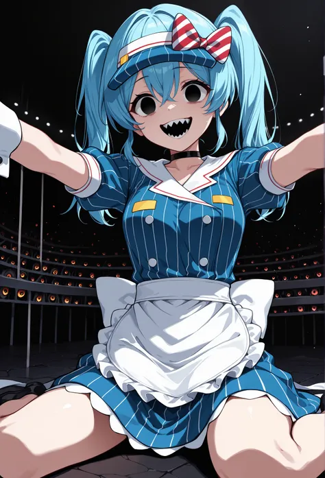 masterpiece,  top quality, (error:1.2), distortion, horror (theme), Alone, 1 woman,  mesmeraizemiku ,  sharp teeth, crazy smile,  looking at the audience .,  wariza, Open arms ,  stretching out towards the audience,  blue hair,  eyes between the heads , Tw...