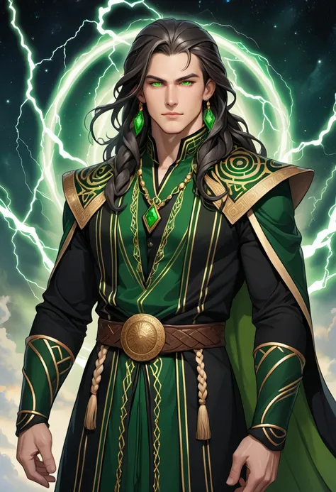  thunder wizard Caucasian man with long hair braided, Full-bodied wearing black and green clothes .