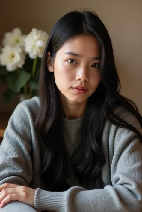 The image shows a young woman with long black hair. She is wearing a gray sweater and is sitting at a table. There are some white flowers in the background. The lighting is soft and warm, and the overall composition is pleasing. The womans expression is ne...