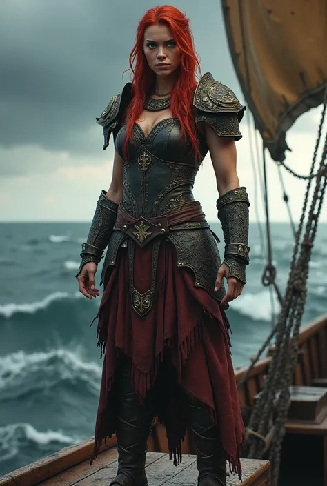 Stunning, Female, Viking, Red Hair and Green Eyes, Full Body View, Standing on Ship