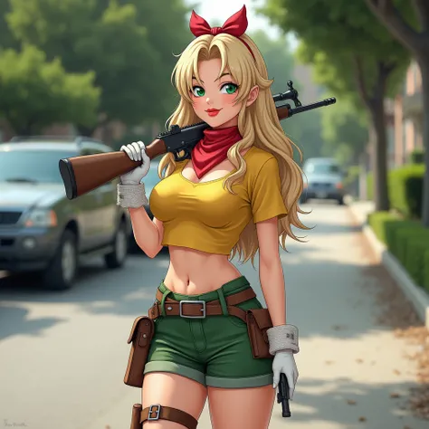 FOR instagram, Woman, asian, longhair, blonde, curvy skinny, bigboobs, green eyes, redlips makeup, huge ass, longblouse neckline, blouse neckline neckline, huge tits, A realistic cosplay of Lunch (bad version) from Dragon Ball, portrayed by a blonde model ...