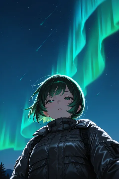 (A girl, the girl is , the girl has short hair, the girl has an airy bob, the girl has dark green hair, the girl has half-open eyes, the girl is watching the aurora, the girl is looking at the sky, the girl is looking up, the girl is wearing a black down j...