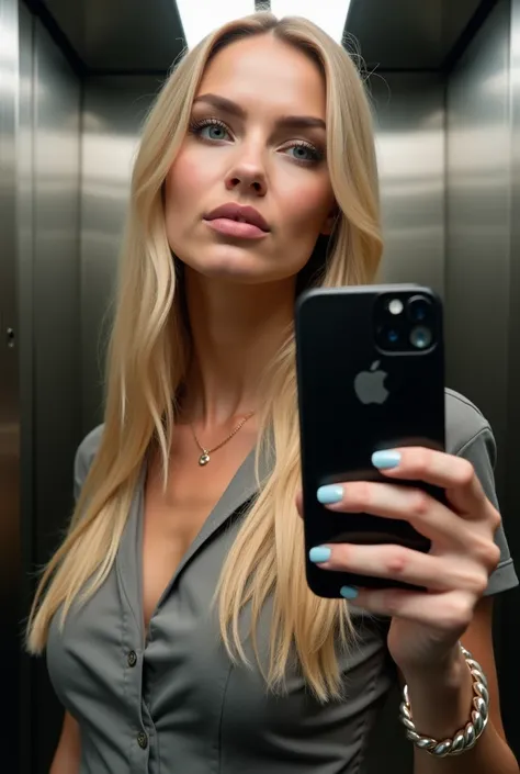 Beautiful woman, blonde, 25 years old, blue eyes, gray glamours work clothes, taking a selfie photo in the elevator, light blue nails, , holding a black iphone 16 with her right hand, looking in the mirror, mouth closed, high resolution, best quality, high...