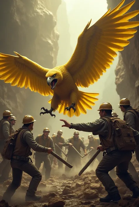 Can you create picture of yellow eagle and miners. And miners should be afraid of eagles kill him 