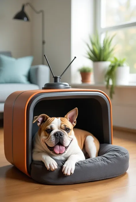 Dog bed in the shape of a TV ,  in easy-to-wash anti-reflective material, with English Bulldog inside 