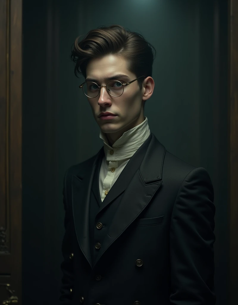  Generate an image of a young man wearing prescription glasses., looking pale ,  wearing an antique suit .