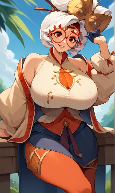 score_9, score_8_up, score_7_up, score_6_up, score_5_up, score_4_up, (source_anime), purah,
1girl,  huge breasts, narrow waist, thick thighs,  hair ornament, red headband, red glasses, sleeveless shirt, white coat, black skirt, red leggings, gloves, high h...