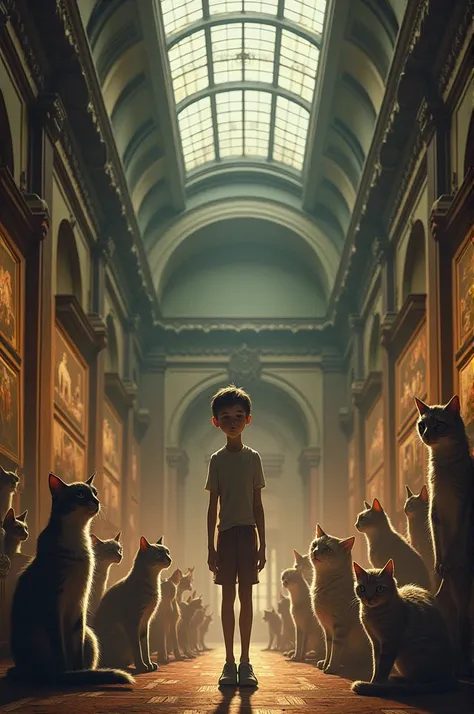 Old art museum with 1 tall skinny boy with many animal and cat inside 