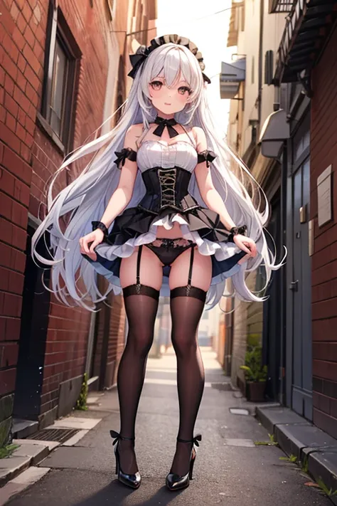  a girl, long white hair, white eyes. Mini tutu , transparent black,  long black stockings, black liguero, black heels, black corset. Panties shoot. in an alley.